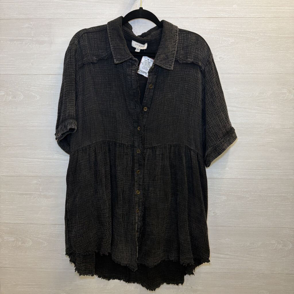 Umgee Grey Textured Short Sleeve Button Down Top Extra Large