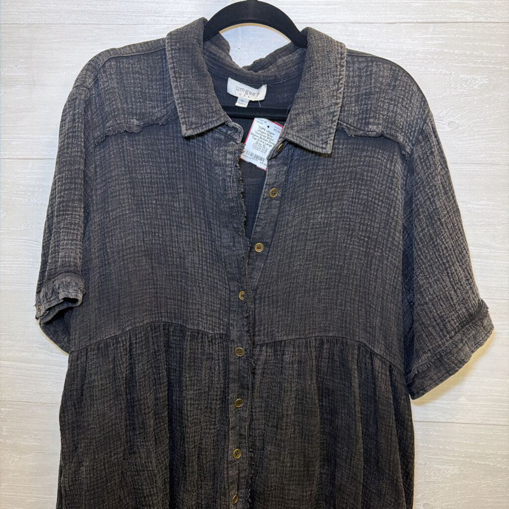 Umgee Grey Textured Short Sleeve Button Down Top Extra Large