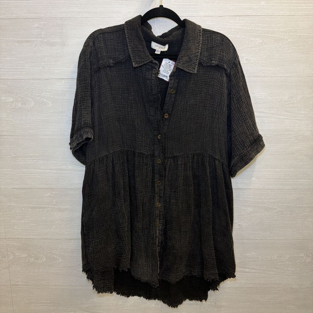 Umgee Grey Textured Short Sleeve Button Down Top Extra Large