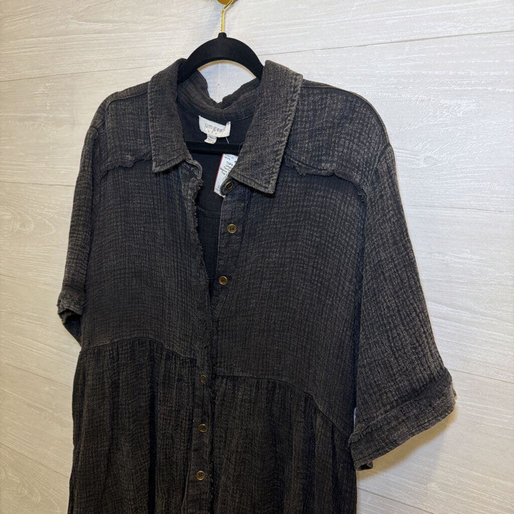 Umgee Grey Textured Short Sleeve Button Down Top Extra Large
