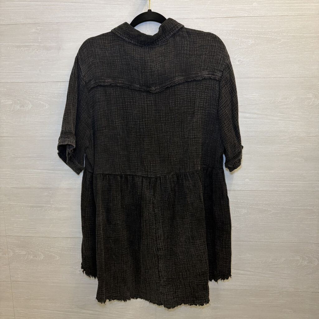 Umgee Grey Textured Short Sleeve Button Down Top Extra Large