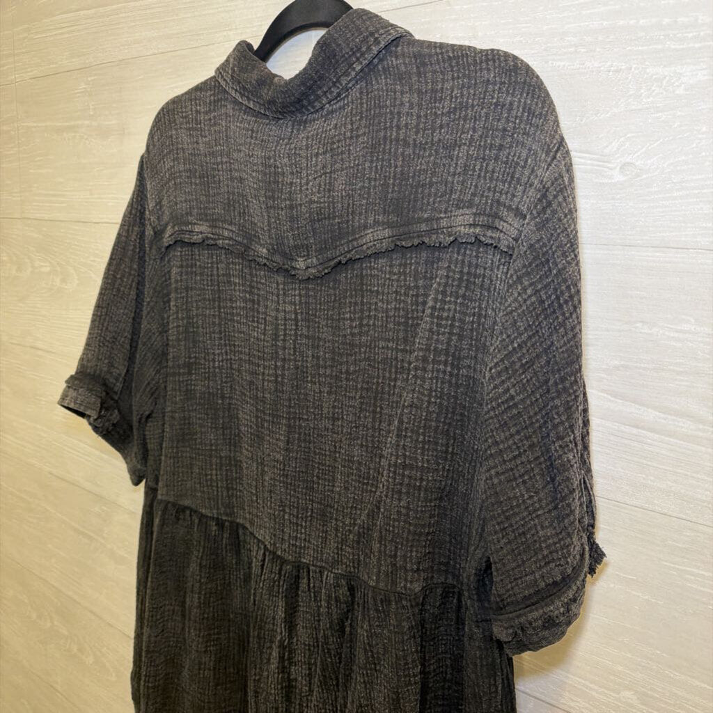Umgee Grey Textured Short Sleeve Button Down Top Extra Large