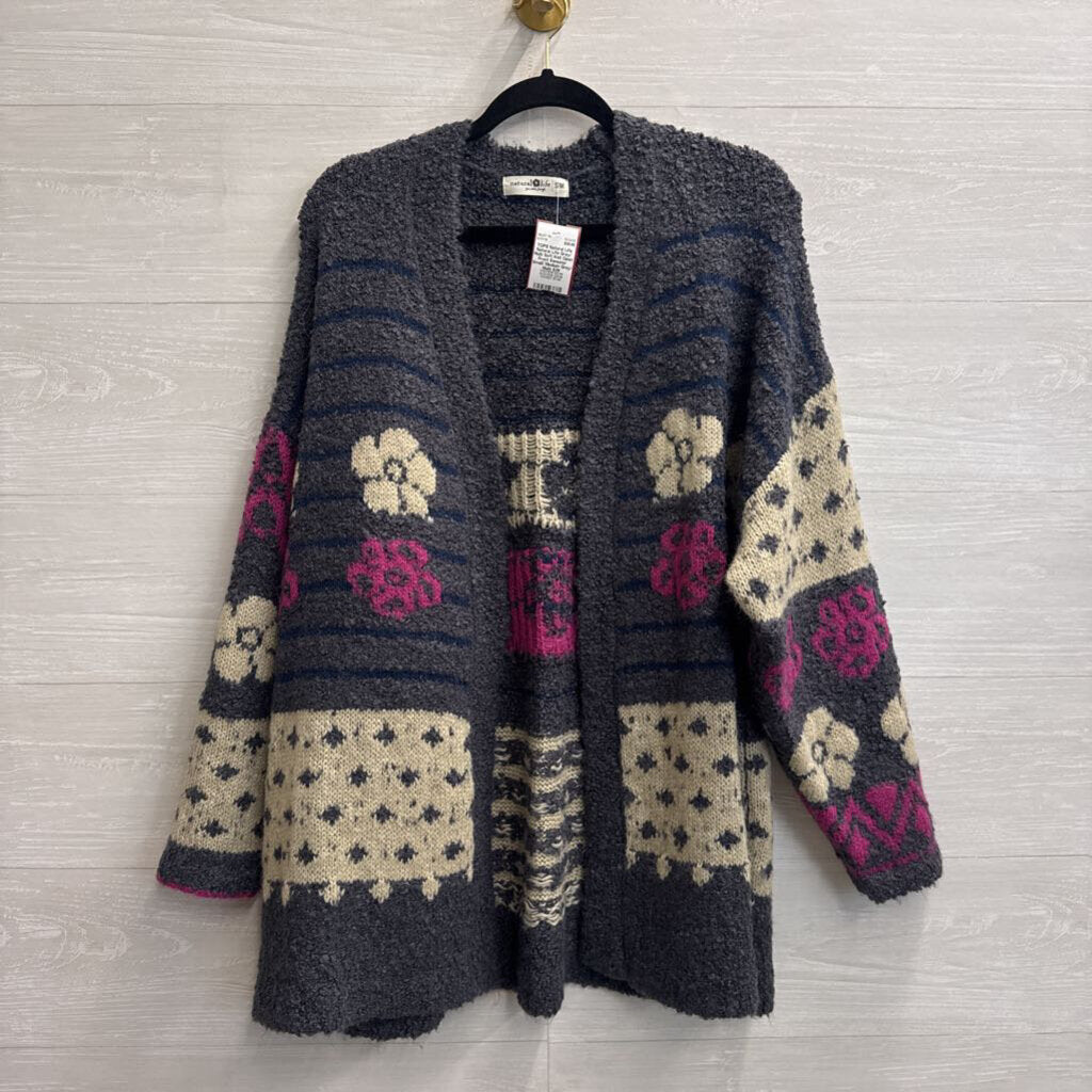 Natural Life Grey/ Multi Soft Knit Open Front Sweater Small/ Medium