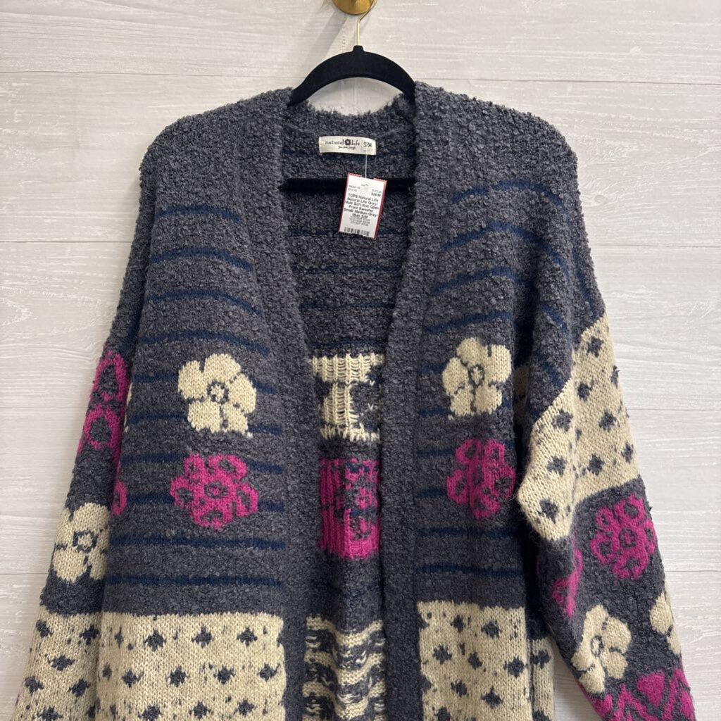 Natural Life Grey/ Multi Soft Knit Open Front Sweater Small/ Medium