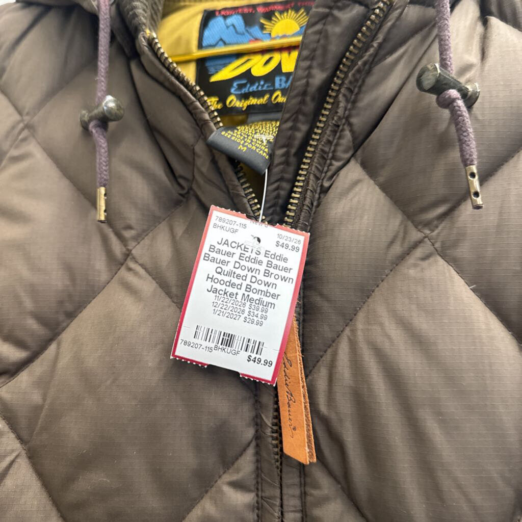 Eddie Bauer Bauer Down Brown Quilted Down Hooded Bomber Jacket Medium