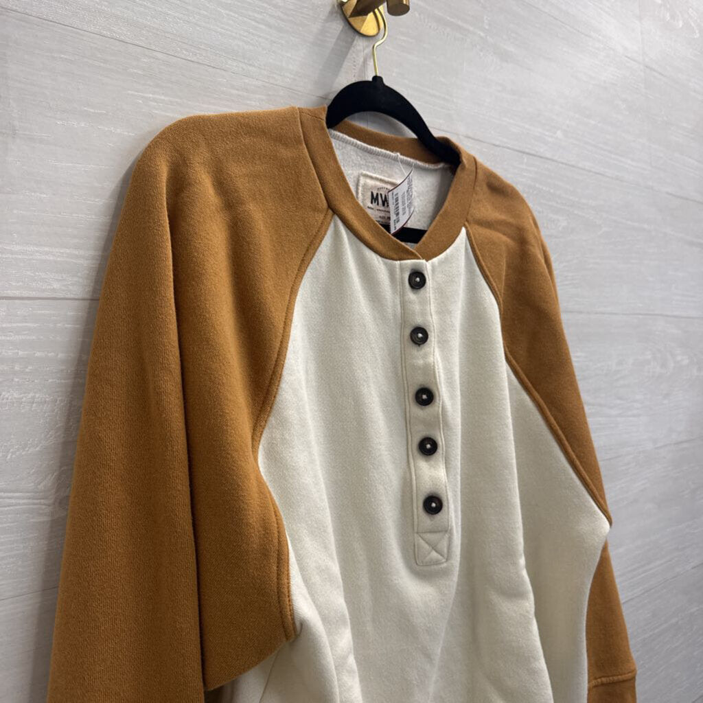 MWL Cream/ Brown Henley Long Sleeve Top Medium