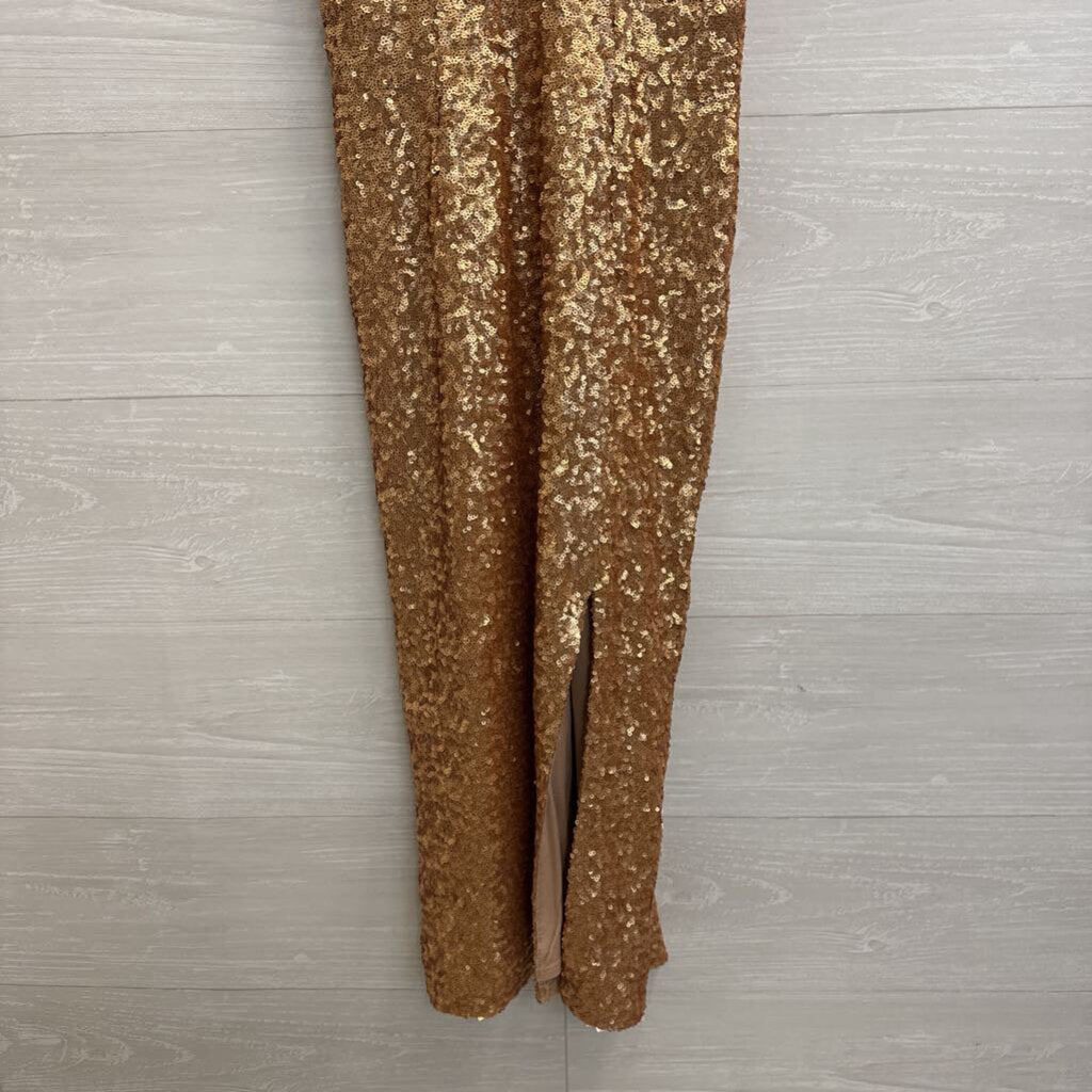 Dress The Population Gold Sequin Midi Dress Extra Small