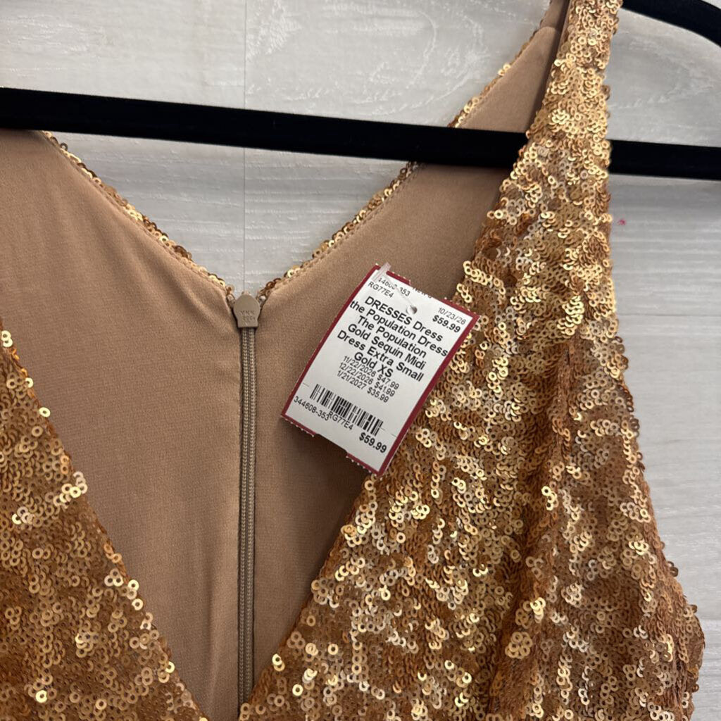 Dress The Population Gold Sequin Midi Dress Extra Small