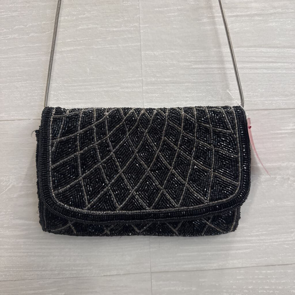 Black/ Silver Beaded Clutch/ Crossbody Purse