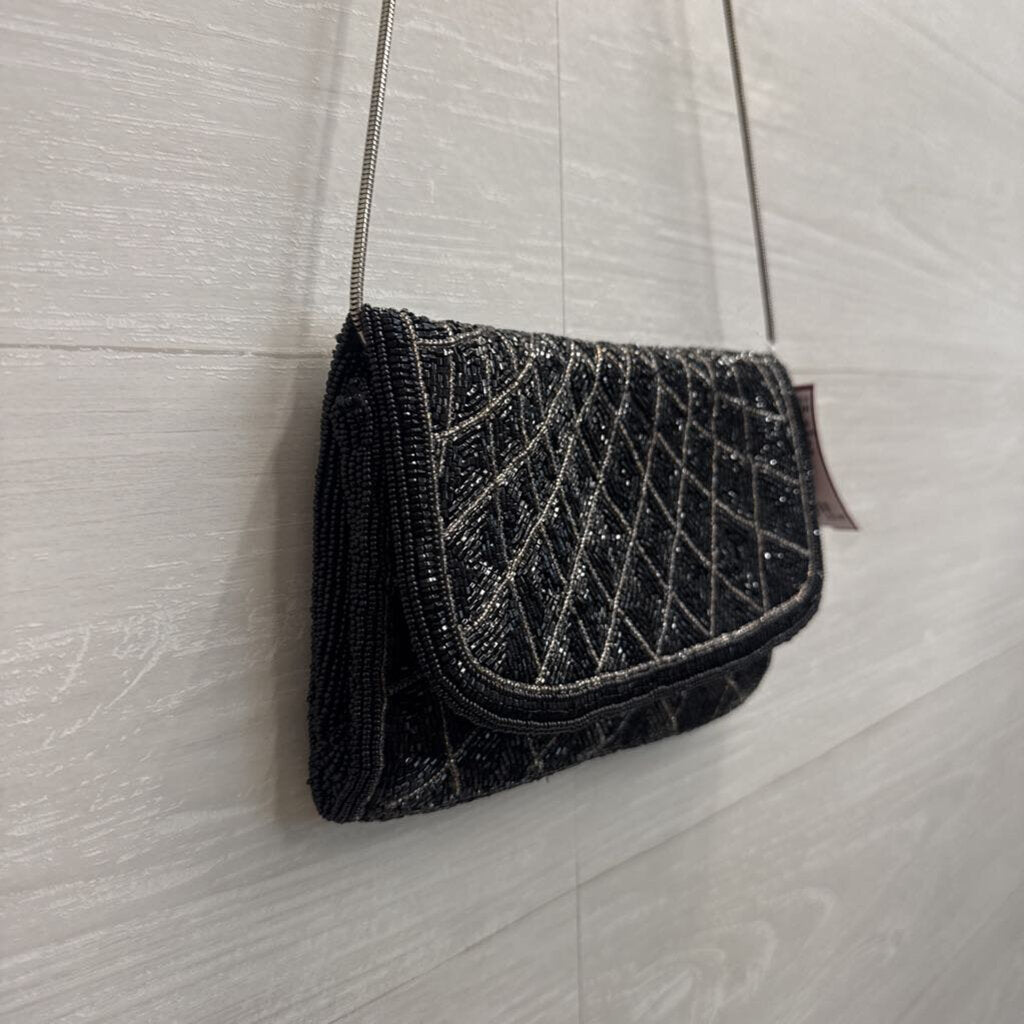 Black/ Silver Beaded Clutch/ Crossbody Purse