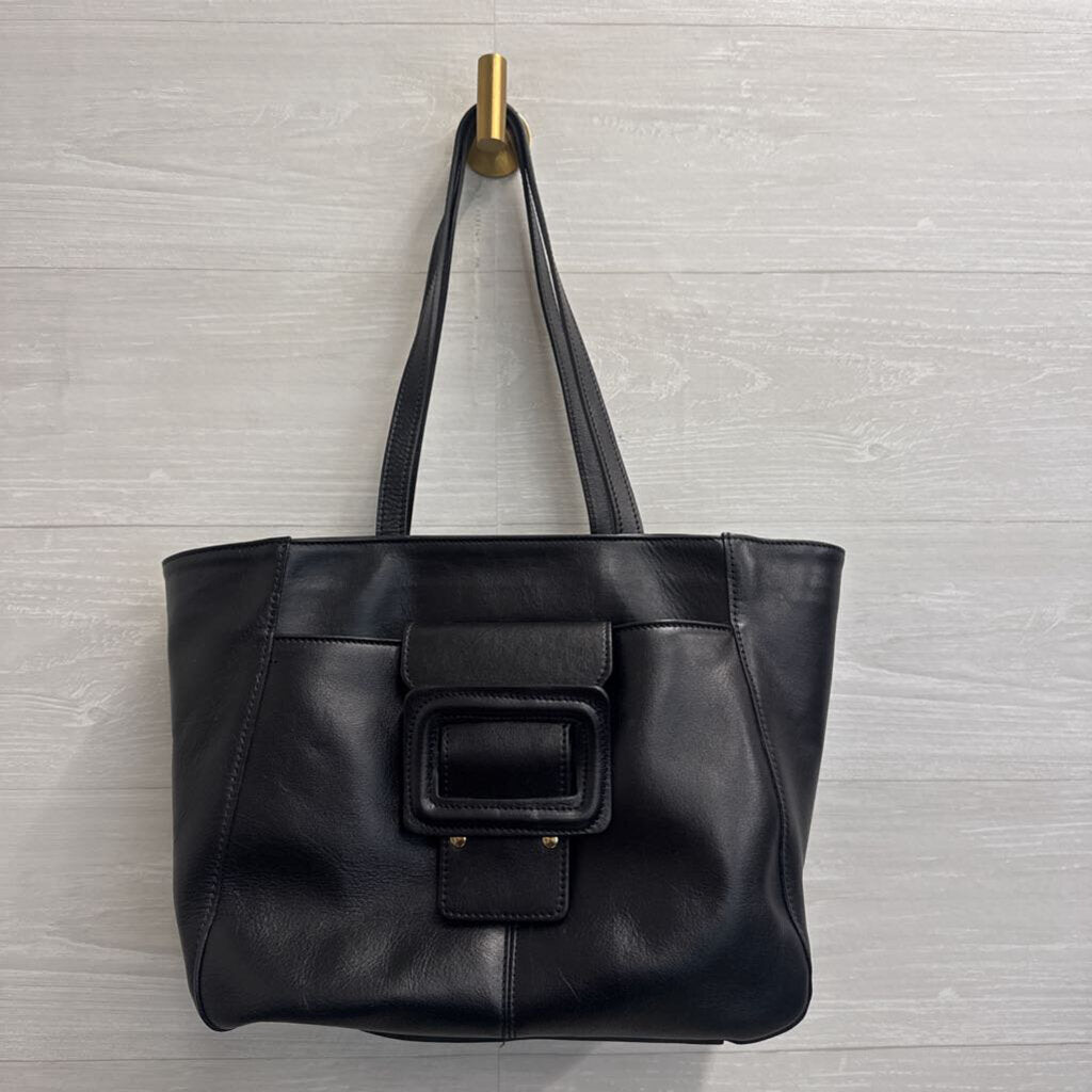 Anna Paola Black Leather Front Buckle Tote Purse
