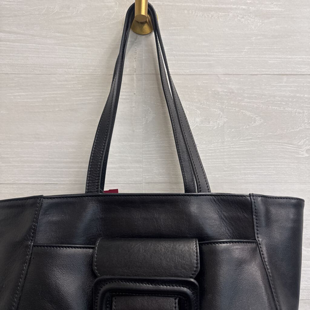 Anna Paola Black Leather Front Buckle Tote Purse