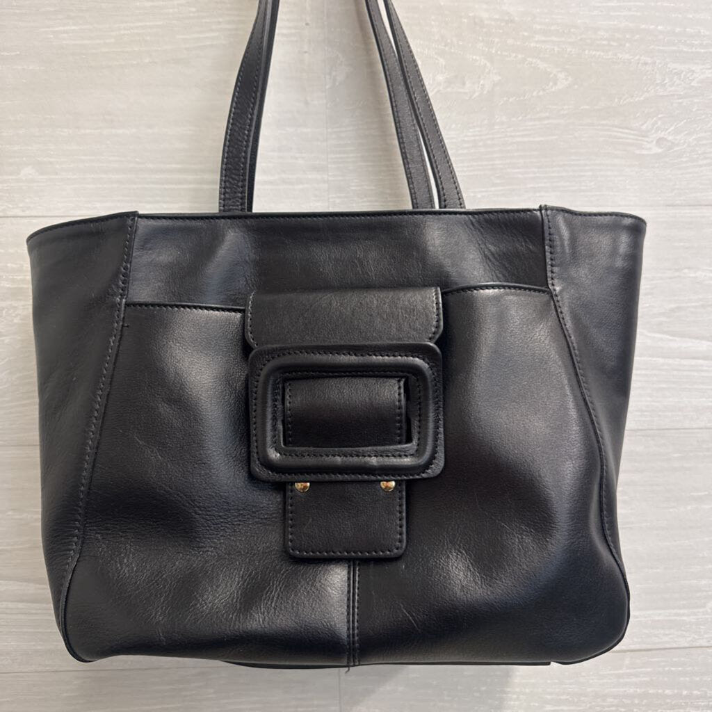 Anna Paola Black Leather Front Buckle Tote Purse
