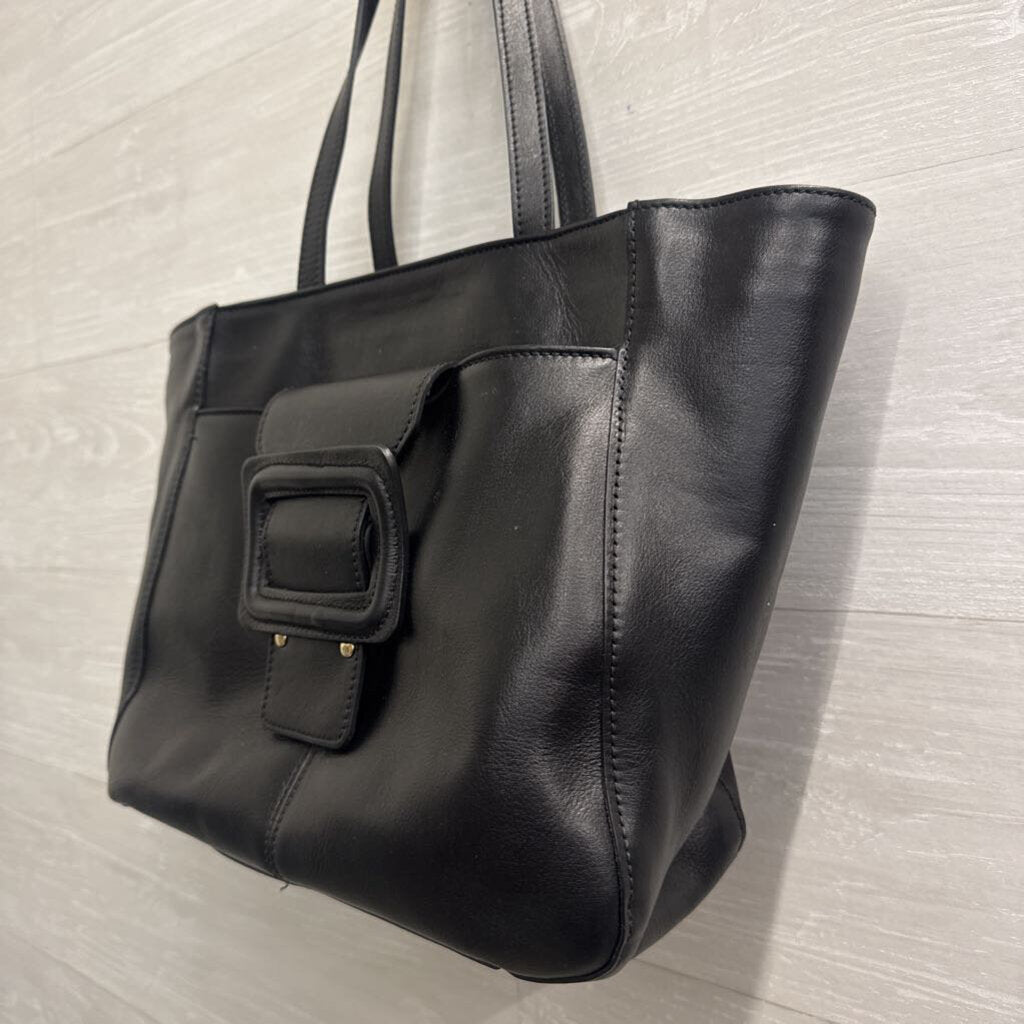 Anna Paola Black Leather Front Buckle Tote Purse