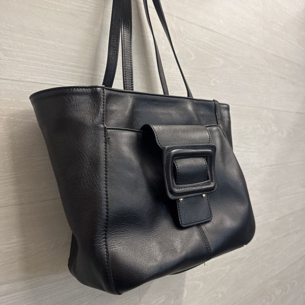 Anna Paola Black Leather Front Buckle Tote Purse