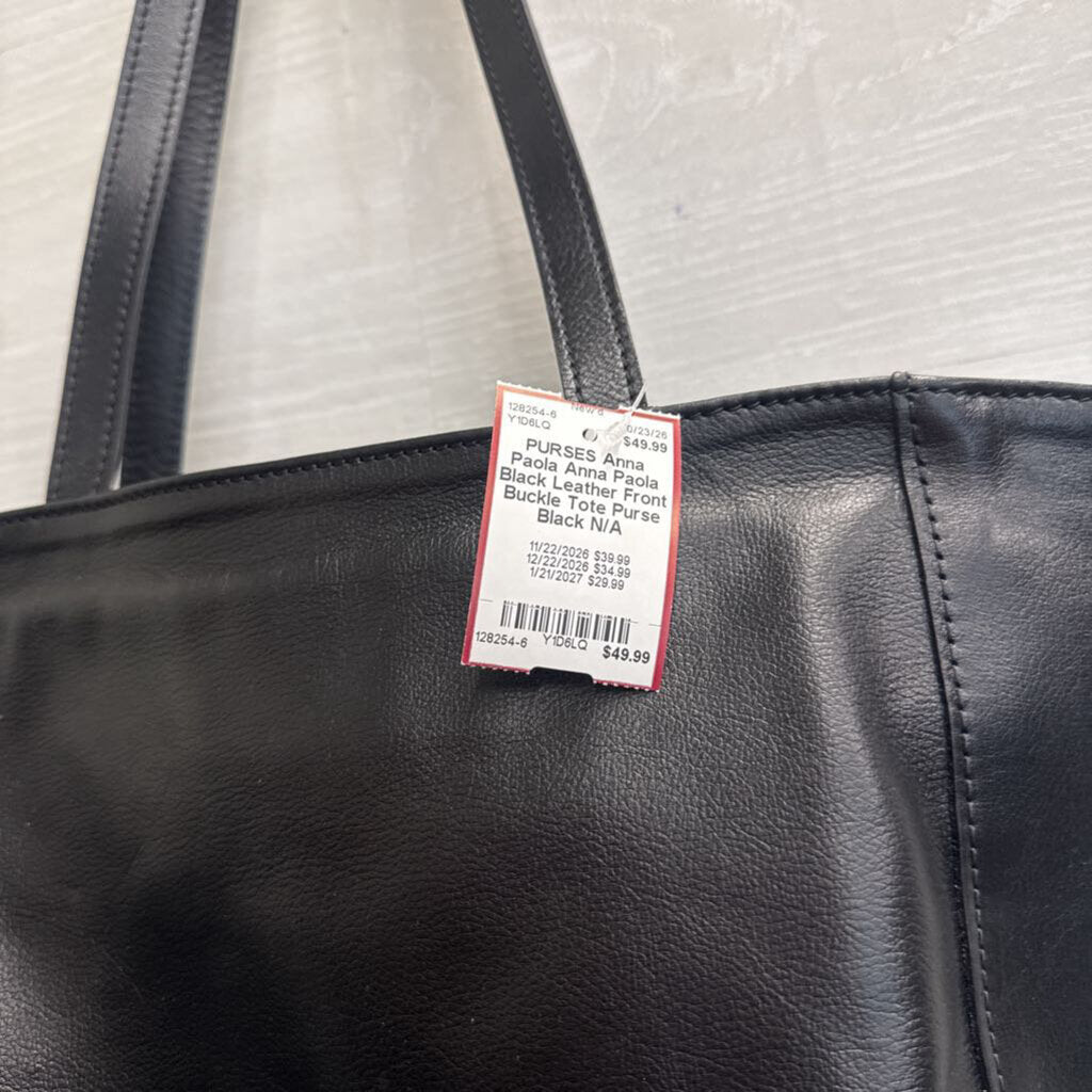 Anna Paola Black Leather Front Buckle Tote Purse