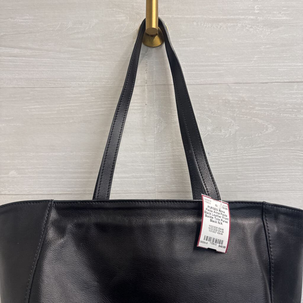 Anna Paola Black Leather Front Buckle Tote Purse