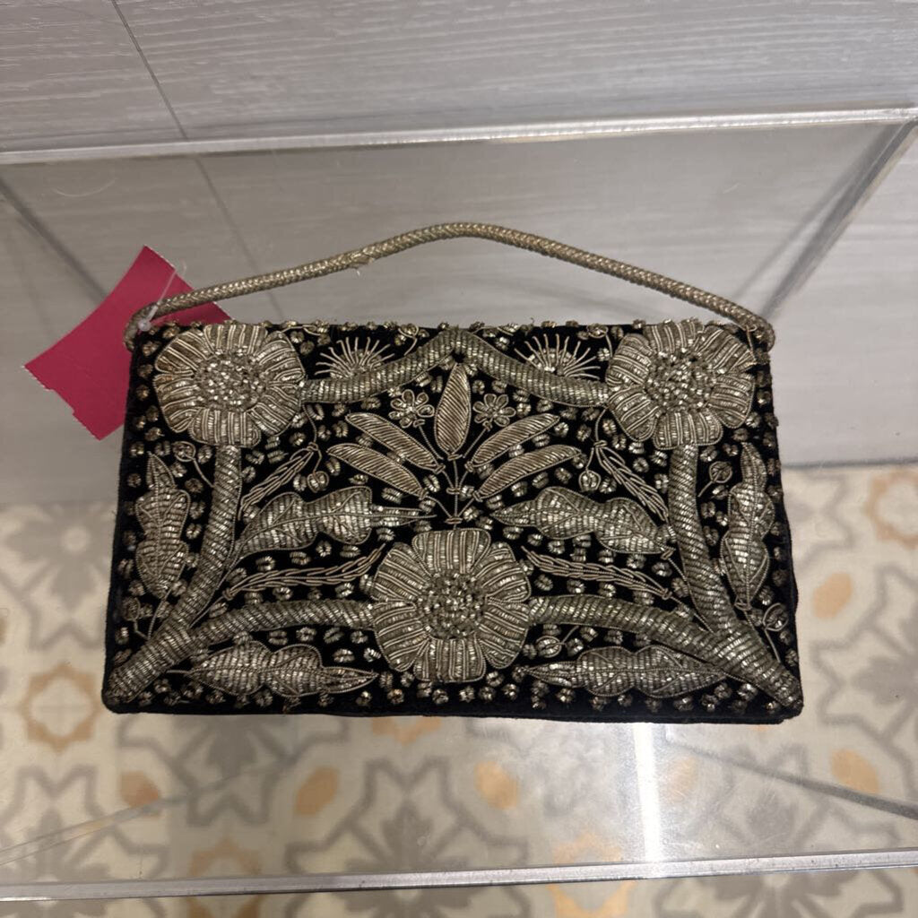 Vintage Black/ Silver Embroidered Clutch Purse