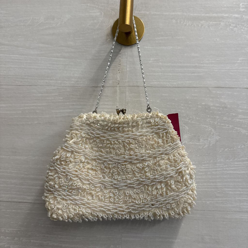 Vintage Ivory Beaded Sequin Kiss Lock Small Purse