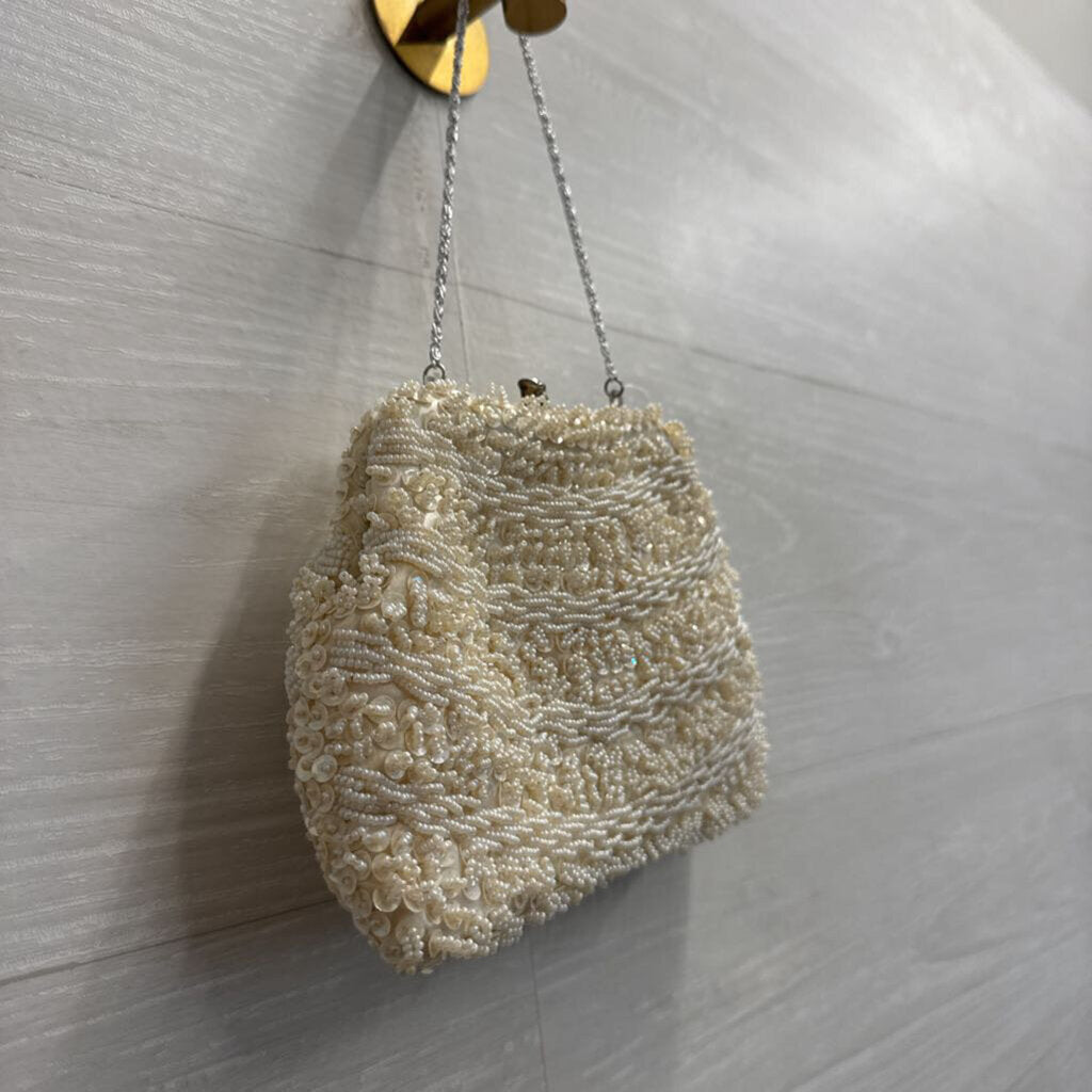Vintage Ivory Beaded Sequin Kiss Lock Small Purse