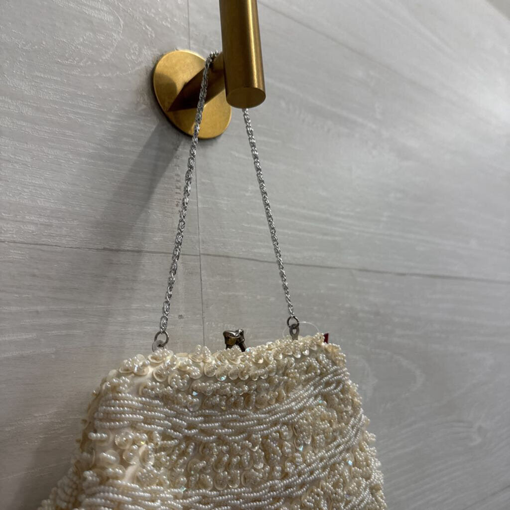 Vintage Ivory Beaded Sequin Kiss Lock Small Purse