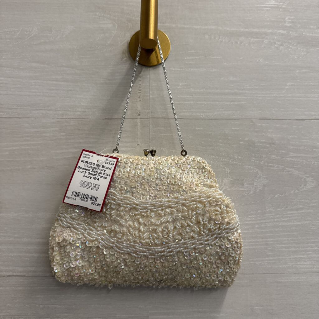 Vintage Ivory Beaded Sequin Kiss Lock Small Purse