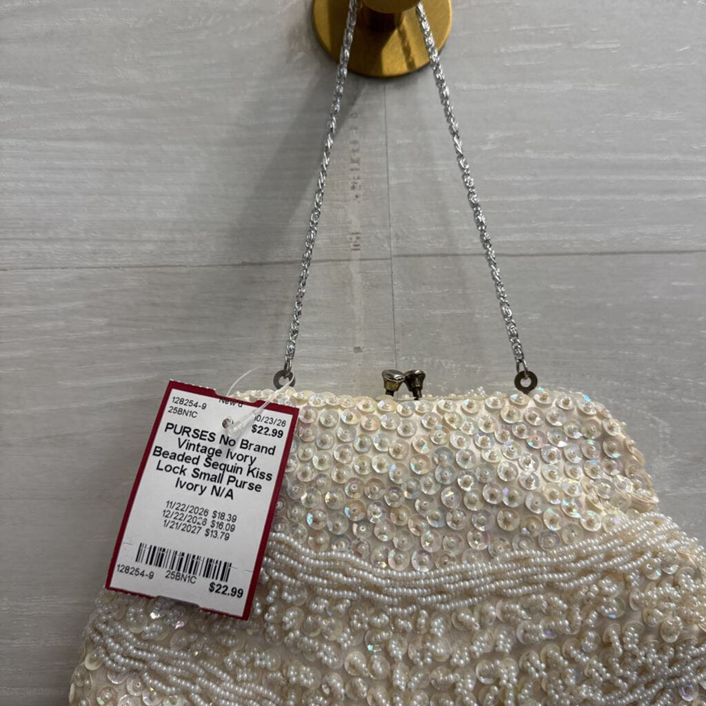 Vintage Ivory Beaded Sequin Kiss Lock Small Purse