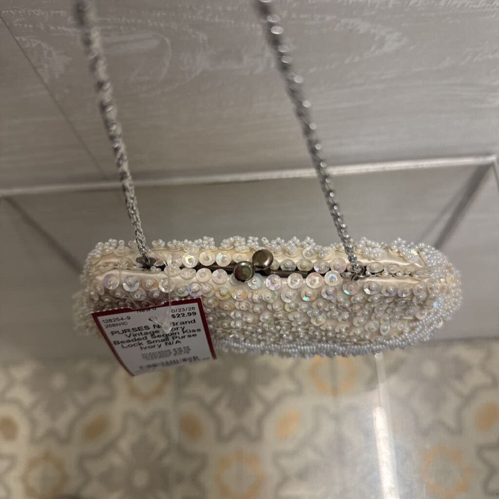 Vintage Ivory Beaded Sequin Kiss Lock Small Purse