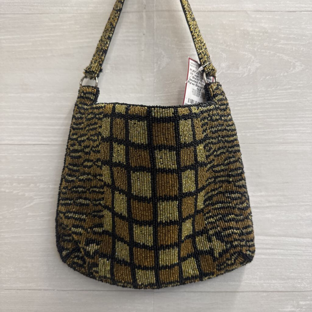 Vintage Christiana Black/ Brown Beaded Print Small Purse