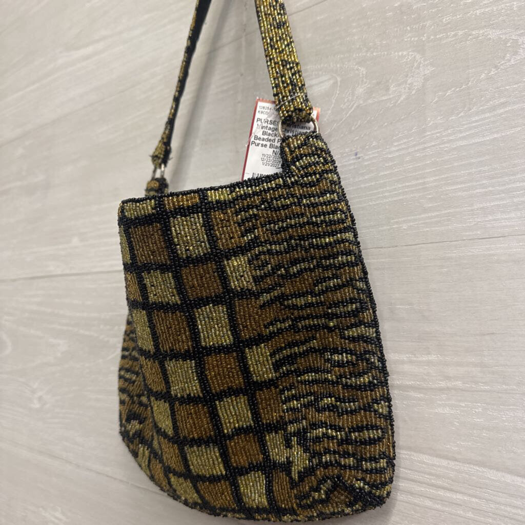 Vintage Christiana Black/ Brown Beaded Print Small Purse