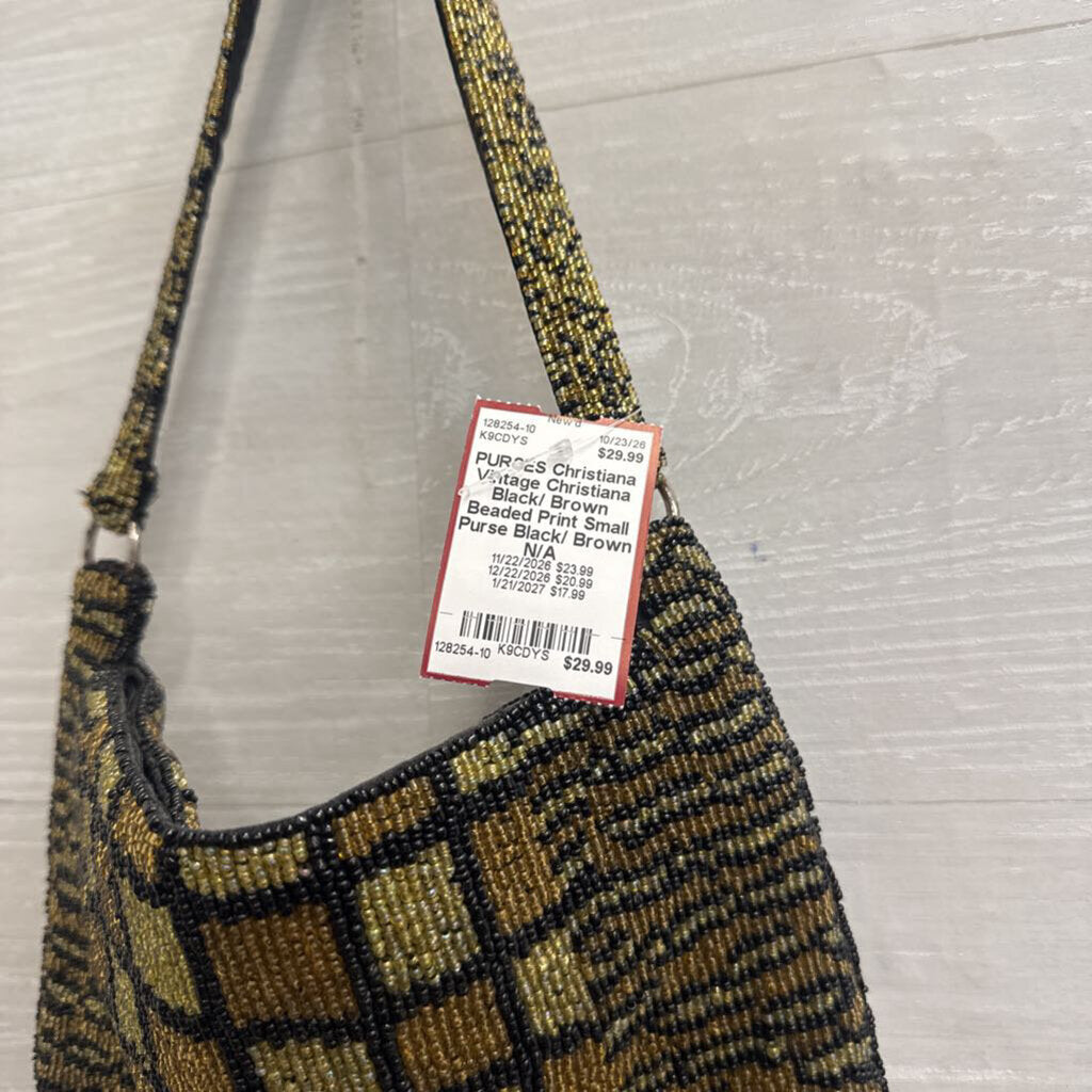 Vintage Christiana Black/ Brown Beaded Print Small Purse