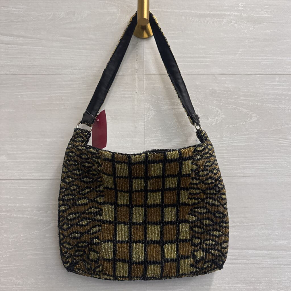 Vintage Christiana Black/ Brown Beaded Print Small Purse