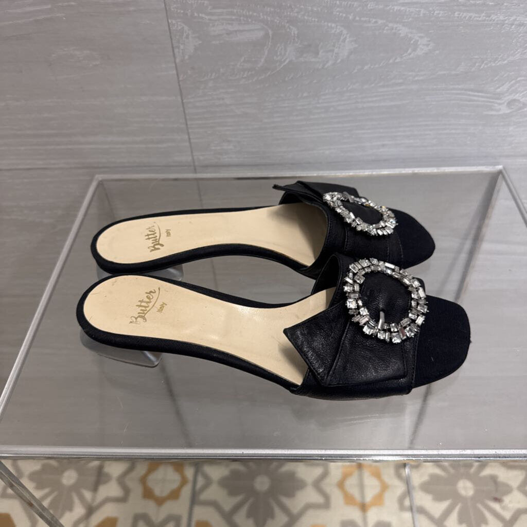 Vintage Butter Italy Black Crystal Embellished Evening Slides 6