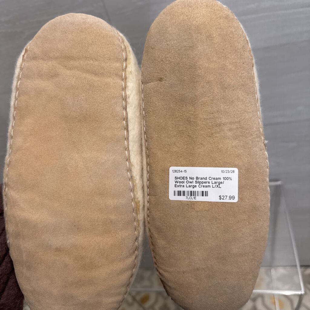 Cream 100% Wool Owl Slippers Large/ Extra Large