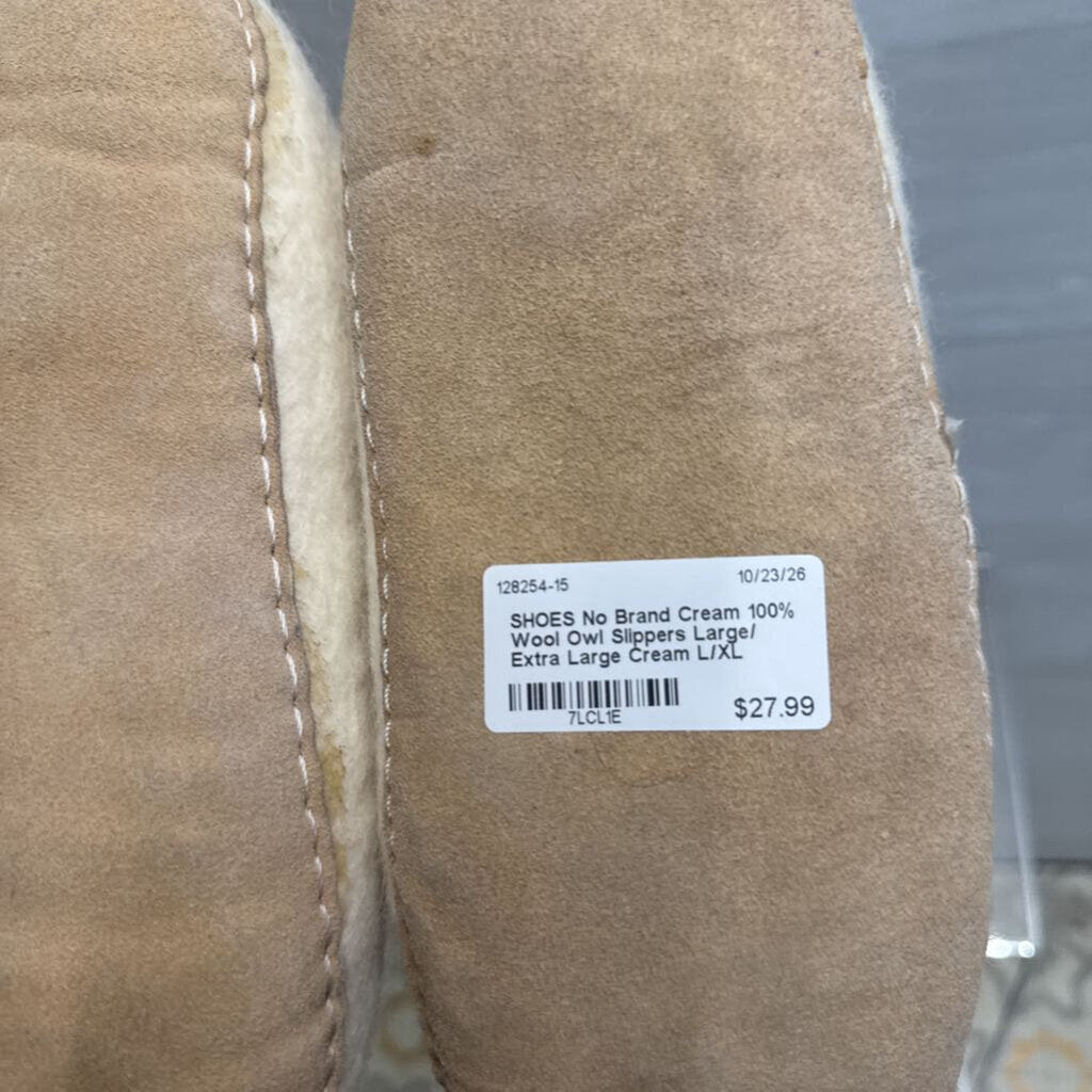 Cream 100% Wool Owl Slippers Large/ Extra Large