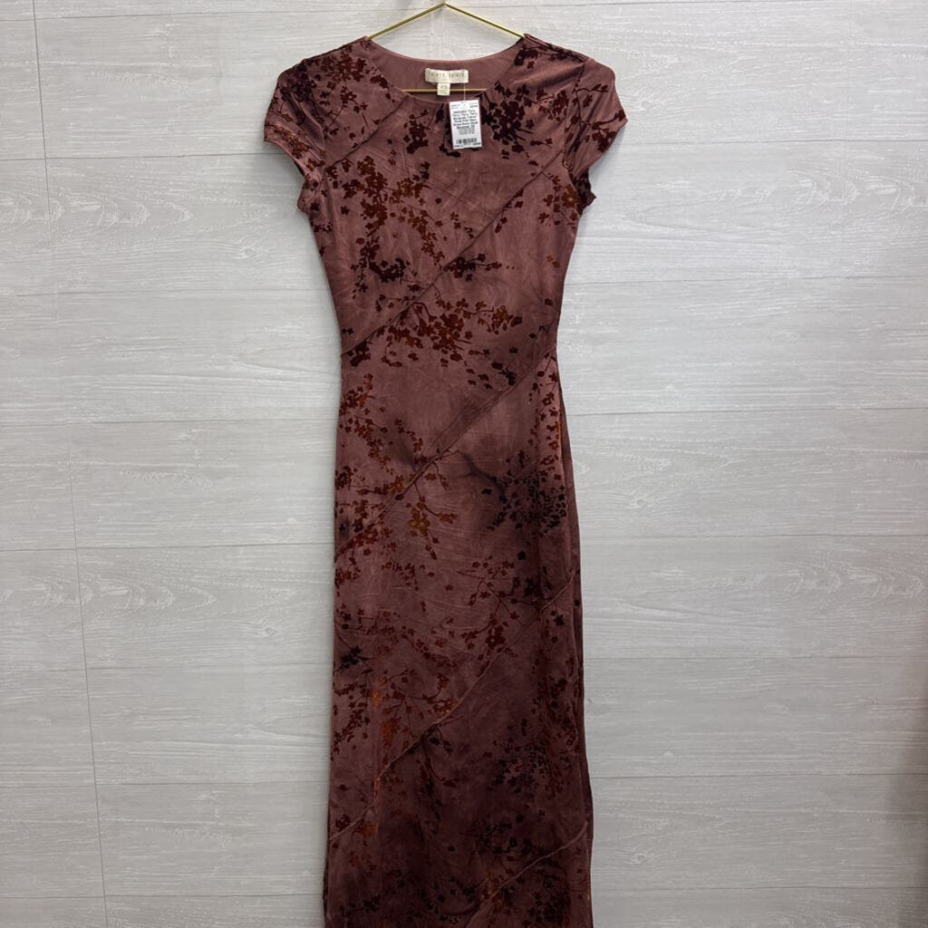 Thirty Thirty Burgundy Velvet Floral Print Maxi Dress Extra Small