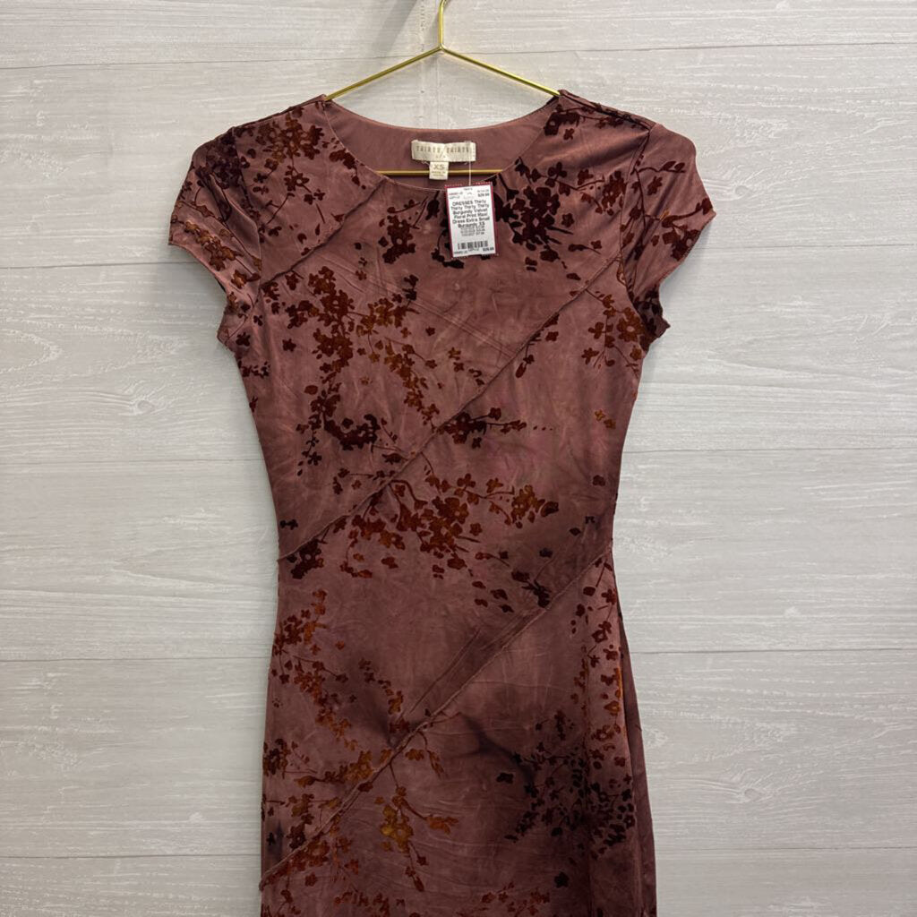 Thirty Thirty Burgundy Velvet Floral Print Maxi Dress Extra Small