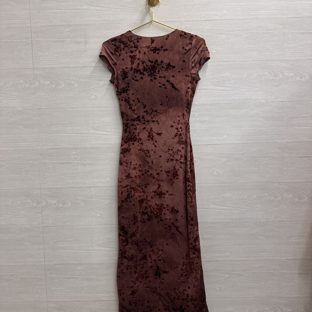 Thirty Thirty Burgundy Velvet Floral Print Maxi Dress Extra Small