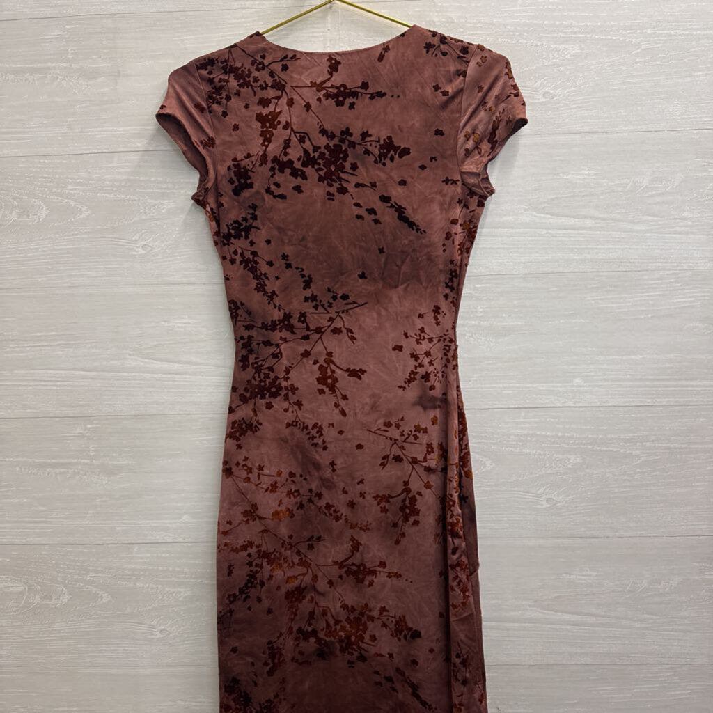 Thirty Thirty Burgundy Velvet Floral Print Maxi Dress Extra Small