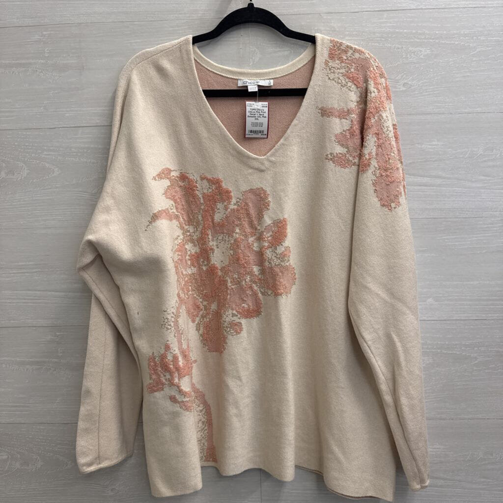 Chicos Pink Print Detail V Neck Sweater XXL