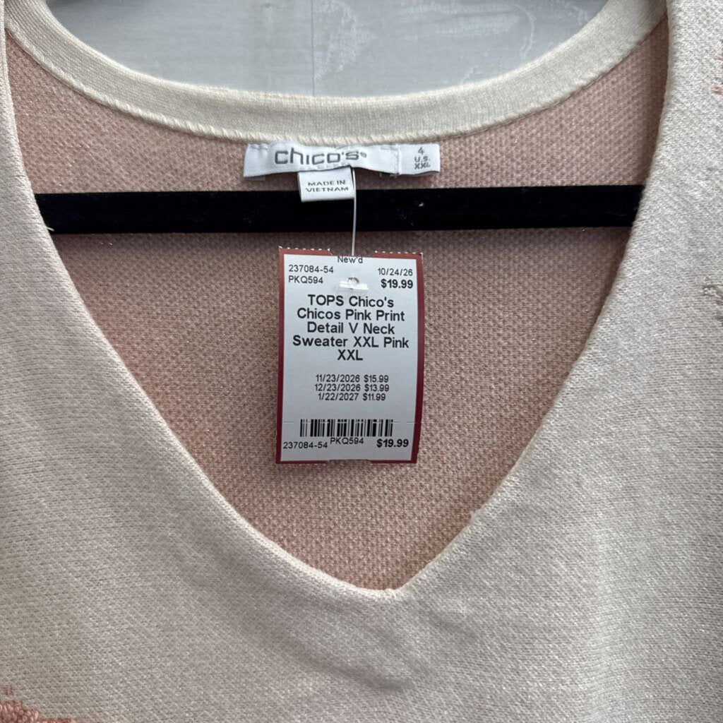 Chicos Pink Print Detail V Neck Sweater XXL