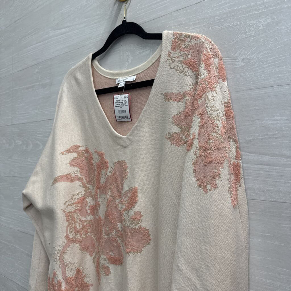 Chicos Pink Print Detail V Neck Sweater XXL