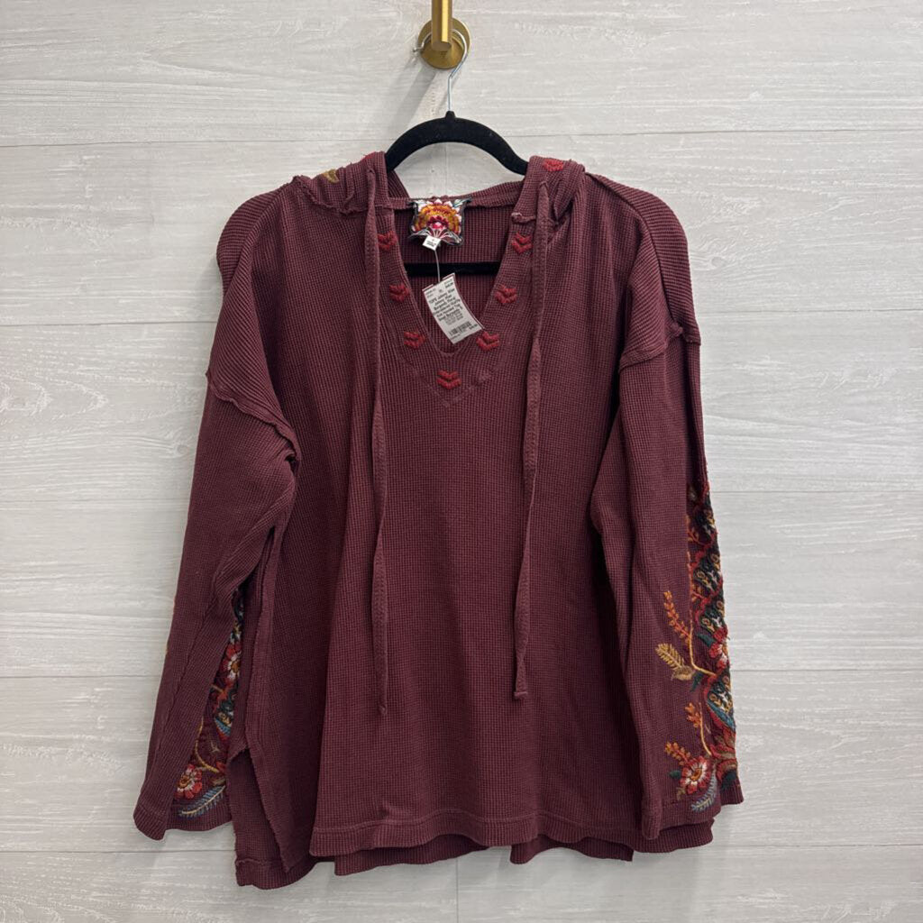 Johnny Was Burgundy Floral Embroidered Waffle Knit Hooded Top Small