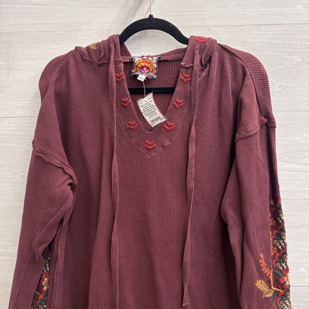 Johnny Was Burgundy Floral Embroidered Waffle Knit Hooded Top Small