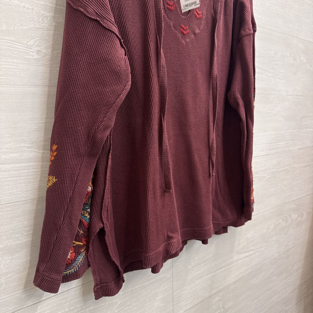 Johnny Was Burgundy Floral Embroidered Waffle Knit Hooded Top Small