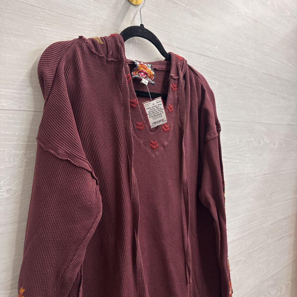 Johnny Was Burgundy Floral Embroidered Waffle Knit Hooded Top Small