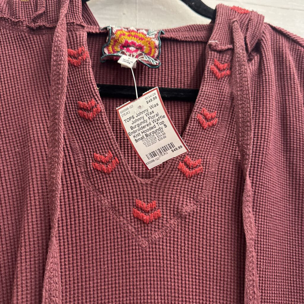 Johnny Was Burgundy Floral Embroidered Waffle Knit Hooded Top Small