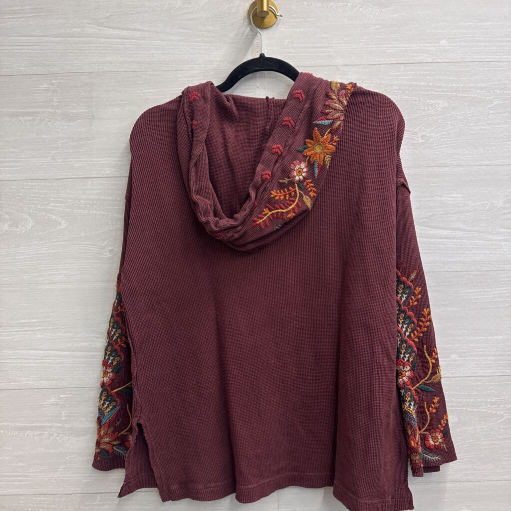 Johnny Was Burgundy Floral Embroidered Waffle Knit Hooded Top Small