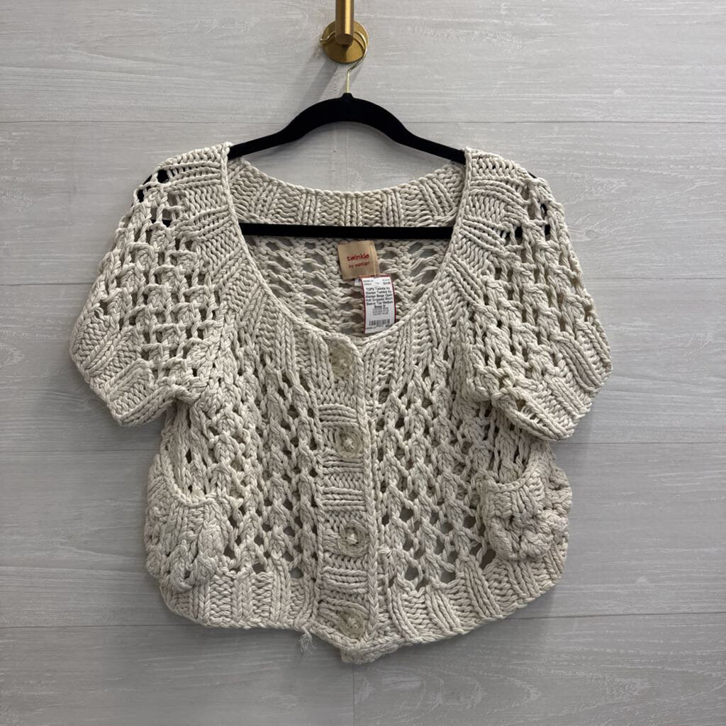 Twinkle by Wenlan Beige Open Knit Cropped Short Sleeve Top Medium