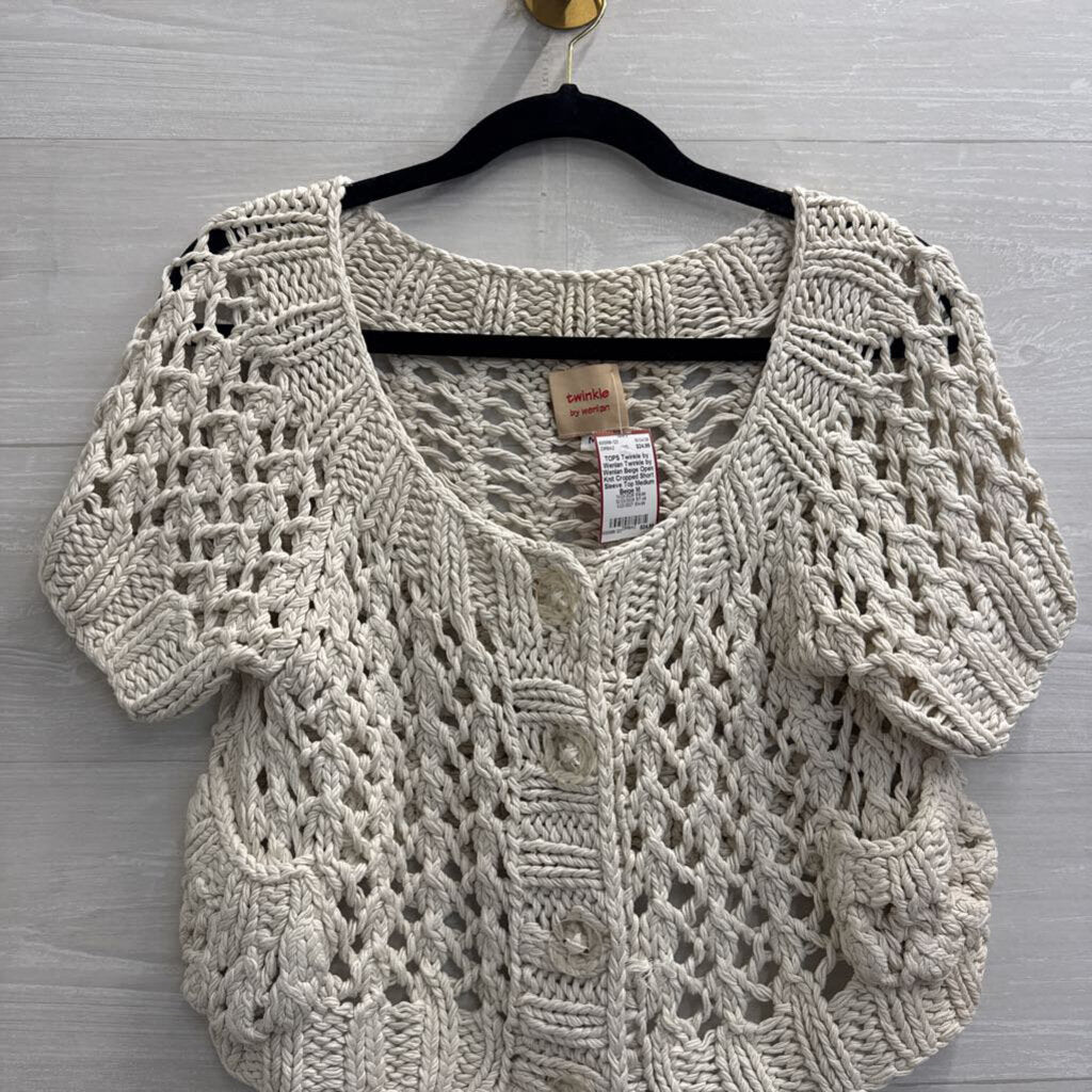 Twinkle by Wenlan Beige Open Knit Cropped Short Sleeve Top Medium